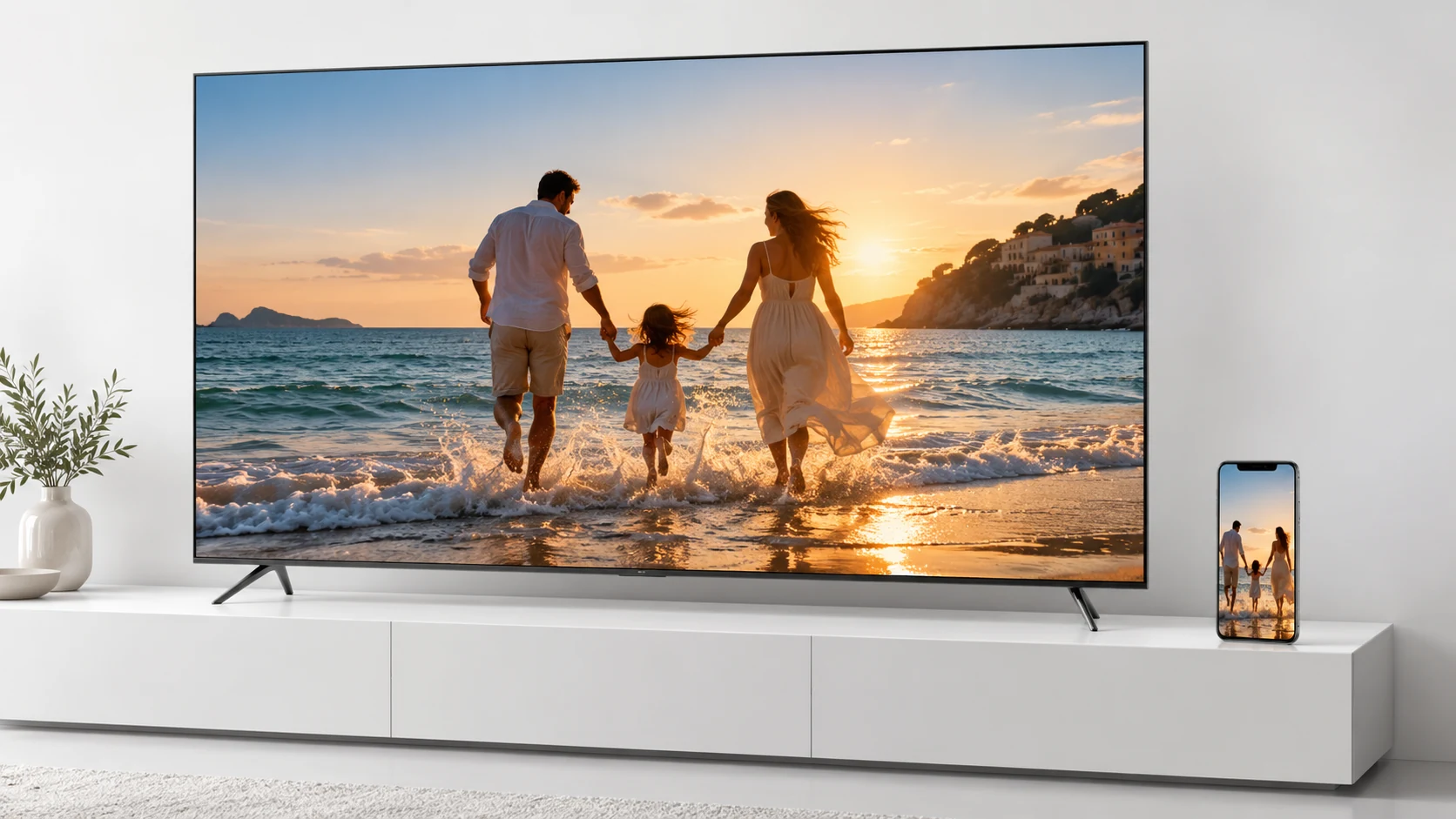 A family beach photograph displayed on a large television and a phone in a bright room