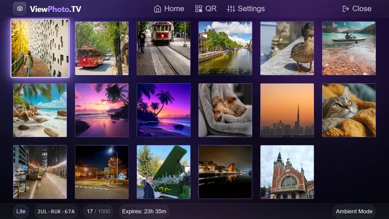 ViewPhoto.TV gallery interface with a grid of shared travel and family photos